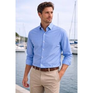 Nautica Mens Regular Fit Micro Gingham Button Down Shirt Blue White 16-16.5 L